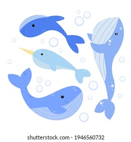 Vector flat whales in different poses isolated on white background. Marine animals in children's style.