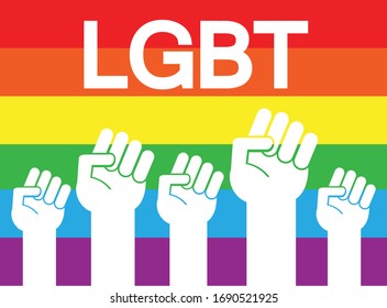 Vector flat white arm fists with pride month lettering text isolated on lgbt rainbow flag background