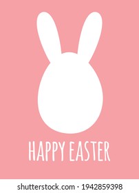 Vector flat white egg with rabbit ears silhouette and happy easter lettering isolated on pink background