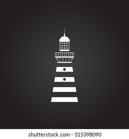 Vector flat white lighthouse icon on dark background 