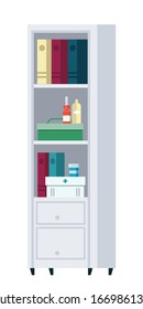 Vector flat white medical cabinet with patient card folders and medicines. Clinic office room, waiting hall, doctor workplace or reception design interior. Treatment in hospital, healthcare Concept