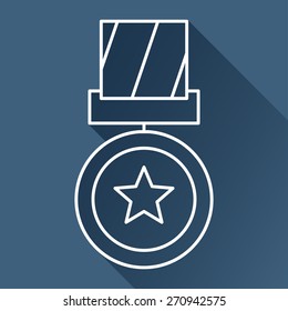 Vector flat white outline medal icon with long shadow on dark blue background. Winner award. Eps10