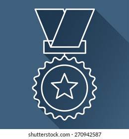Vector flat white outline medal icon with long shadow on dark blue background. Winner award. Eps10