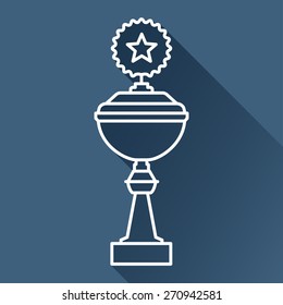 Vector flat white outline trophy goblet icon with long shadow on dark blue background. Winner award. Eps10 