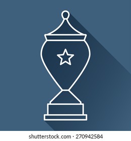 Vector flat white outline trophy goblet icon with long shadow on dark blue background. Winner award. Eps10 