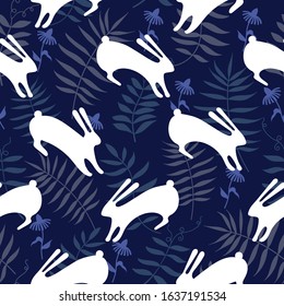 Vector flat white rabbit, cute bunny seamless pattern. Floral and animal background for print concept design.