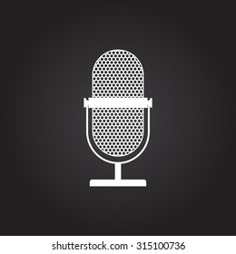Vector flat white retro microphone icon on dark background 