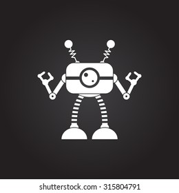 Vector flat white retro robot toy icon on dark background 