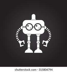 Vector flat white retro robot toy icon on dark background 
