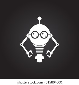 Vector flat white retro robot toy icon on dark background 