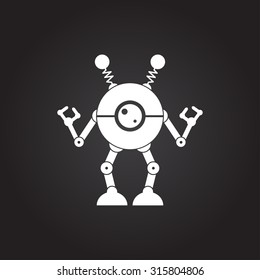 Vector flat white retro robot toy icon on dark background 