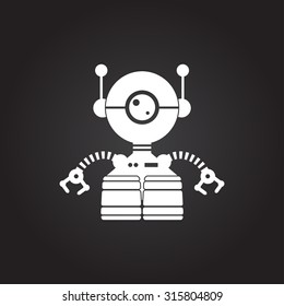 Vector flat white retro robot toy icon on dark background 