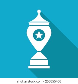 Vector flat white trophy goblet icon with long shadow on blue background. Winner award. Eps10 