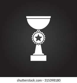 Vector flat white trophy goblet icon on dark background . Winner award 