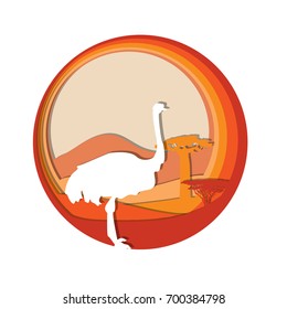Vector flat wild african animal papercut illustration with ostrich silhouette and savannah background