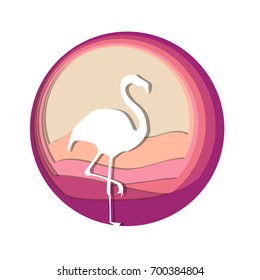 Vector flat wild african animal papercut illustration with flamingo silhouette and savannah background