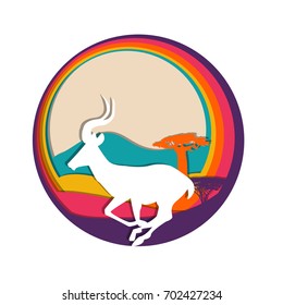 Vector flat wild african animal papercut illustration with impala silhouette and savannah background