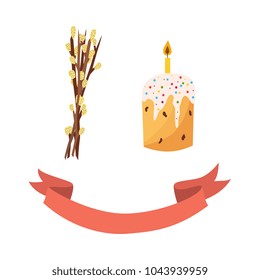 vector flat willow branches, twigs with buds, easter cake with candle, vintage ribbon icon. Easter spring holiday festive decoration element for your design. Isolated illustration white background.