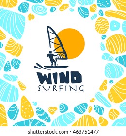 Vector flat wind surfing logo illustration. Vintage, retro style. Surfer silhouette. Human figure. Extreme sport, summer resting. Summer banner, poster, placard, travel card design template.