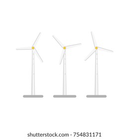 vector flat windmill, wind turbines icon. Generator of renewable green ecological bio friendly alternative energy. Isolated illustration on a white background.