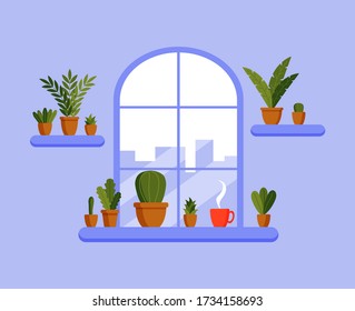 Vector flat window, cat sitting on the window sill, pots of flowers, coffee mug. Home comfort. Vector illustration in flat style.