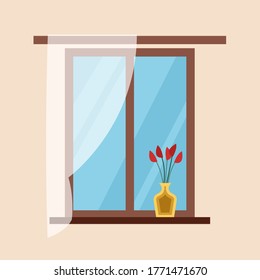 Vector flat window with curtain, vaze of flowers on the windowsill. Home comfort. Vector illustration in cartoon style