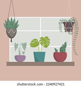 vector flat window, sill, pots of flowers, home comfort, illustration in flat style, plants