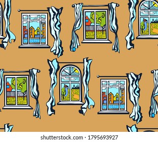 Vector flat windows with landscape. Hand drawn ink illustration. Modern ornamental decorative background. Vector pattern. Print for textile, cloth, wallpaper, scrapbooking