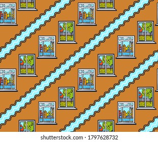 Vector flat windows with landscape. Hand drawn ink illustration. Modern ornamental decorative background. Vector pattern. Print for textile, cloth, wallpaper, scrapbooking