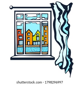 Vector flat windows with landscape. Hand drawn ink illustration. Modern ornamental decorative background. Vector pattern. Print for textile, cloth, wallpaper, scrapbooking