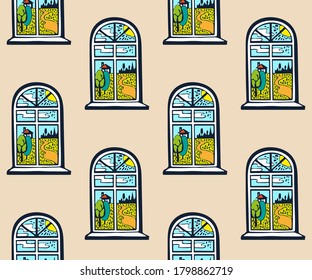 Vector flat windows with landscape. Hand drawn ink illustration. Modern ornamental decorative background. Vector pattern. Print for textile, cloth, wallpaper, scrapbooking