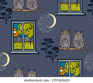 Ventanas planas vectoriales con paisaje y búho. Ilustración de tinta dibujada a mano. Marco decorativo ornamental moderno. Patrón vectorial. Imprimir para textiles, tela, papel pintado, raspado