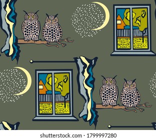 Vector flat windows with landscape and owl. Hand drawn ink illustration. Modern ornamental decorative background. Vector pattern. Print for textile, cloth, wallpaper, scrapbooking