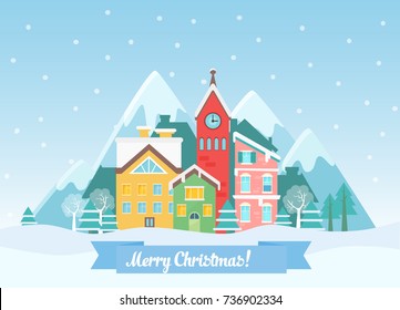 Vector Flat winter Christmas cityscape near mountains. Urban town landscape with falling snow and city with cute houses. Merry christmas card.
