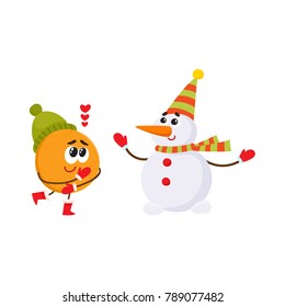 Vector flat winter fruit character - happy orange in love outdoor hat, boots and snowman in party hat, scarf, mittens. Isolated illustration white background. New year christmas poster design element