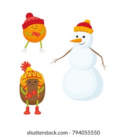 Vector flat winter fruit character - happy orange in outdoor hat, boots, mittens, snowman in hat, freezing kiwi in exotic hat Isolated illustration white background. New year christmas poster design