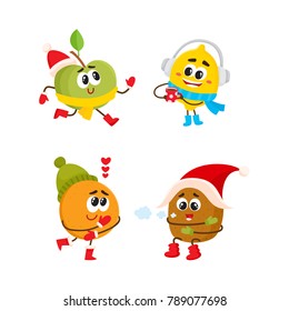 Vector flat winter fruit. Happy lemon character in warm scarf, boots, headphones holding hot beverage, tea, coffee cup, apple running, kiwi freezing in party hat, orange in love. Isolated illustration