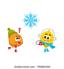 Vector flat winter fruit symbol icon set. Lemon in warm scarf, boots, headphone holding cup of hot beverage, tea coffee, lovely orange in hat, festive snowflake. Isolated illustration white background