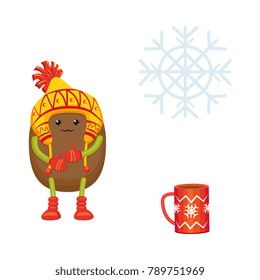 Vector flat winter fruits and symbols icon set. Freezing kiwi character in exotic knitted hat, mittens, hot beverage, tea, coffee cup and festive snowflake. Isolated illustration on a white background