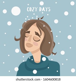 Vector flat winter greeting card with a girl in a sweater. Hello winter. Nice illustration in cartoon style with girl and snowfall. Sweater weather.