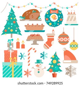 Vector flat winter holiday set. Christmas symbols,  decoration and treat. Stylish illustration.