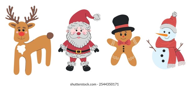 Vector flat winter holidays characters. Santa claus, rein deer, gingerbread man cookie in hat and snowman with knitted scarf and hat. Hand drawn vector flat illustrations. Greeting card design