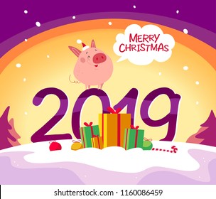 Vector flat winter illustration with smiling little pig in Santa hat stand on 2019 numbers wishing Merry Christmas. Snowy forest, presents, decoration balls. Congratulation card, packaging, web banner