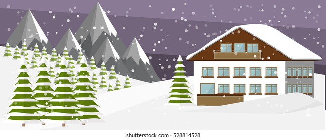 Vector flat winter landscape. Mountains, country house, fir trees and hills under snowfall. Calm winter atmosphere, wide panoramic concept.