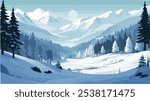 Vector flat winter landscape with snowy mountains, woods, spruce trees and fields covered with snow on blue sky. Chsitmas, new year seasonal background, nature illustration.