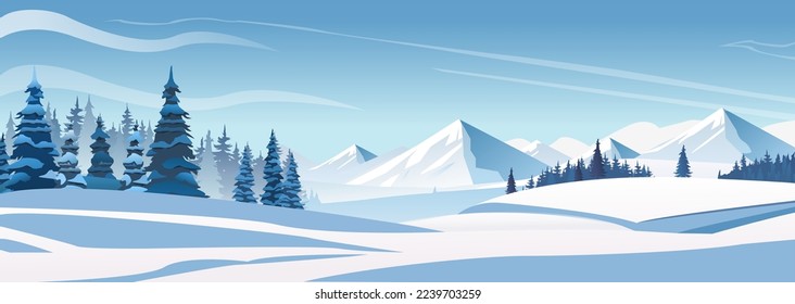 Vector flat winter landscape with snowy mountains, woods, spruce trees and fields covered with snow on blue cloudy sky. Chsitmas, new year seasonal background