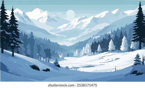 Vector flat winter landscape with snowy mountains, woods, spruce trees and fields covered with snow on blue sky. Chsitmas, new year seasonal background, nature illustration.