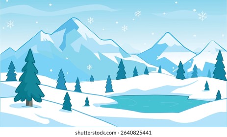 Vector flat winter landscape with snowy mountains, woods, spruce trees and fields covered with snow on blue sky. Chsitmas, new year seasonal background, nature illustration,and Frozen Lake.