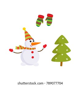 Vector flat winter symbols icon set. Knitted mittens, snowman in scarf, party hat and christmas decorated spruce tree. Isolated illustration on a white background.