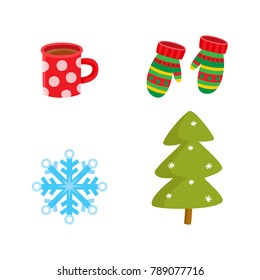 Vector flat winter symbols icon set. Knitted mittens, hot beverage tea, coffee cup and festive snowflake and christmas decorated spruce tree. Isolated illustration on a white background.